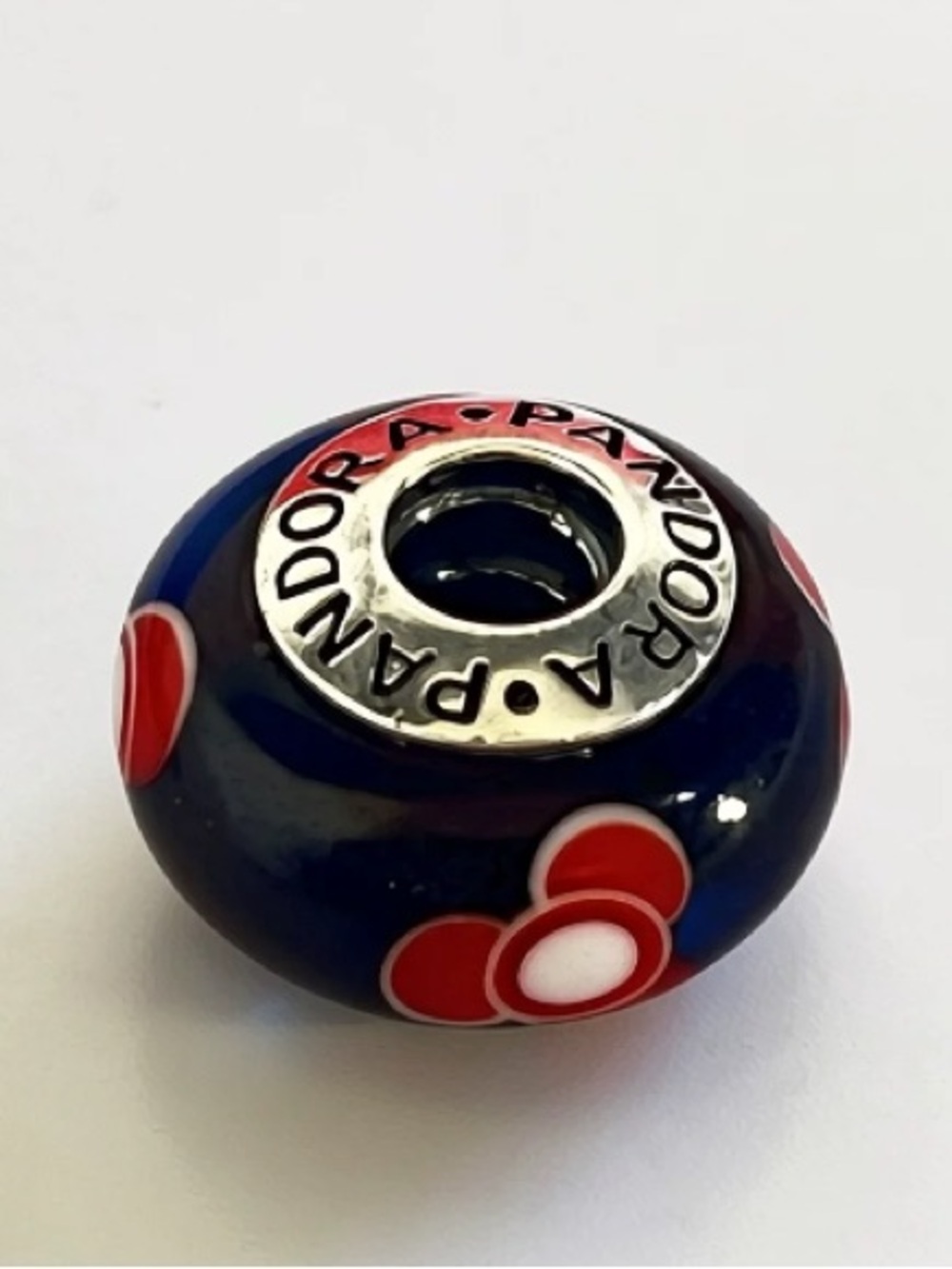 Pandora Navy Glass Charm Bead with Red Flower Accents